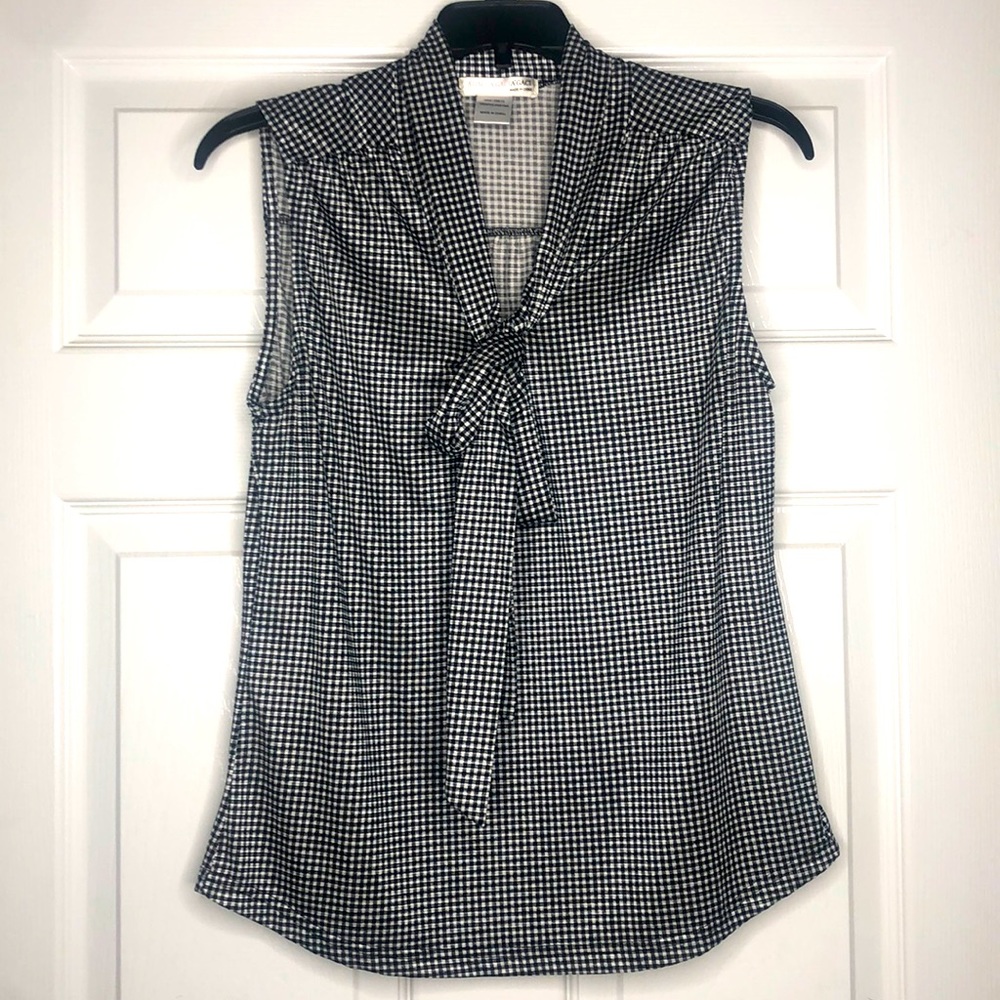 Agaci Black and White Checkered Neck Tie Blouse